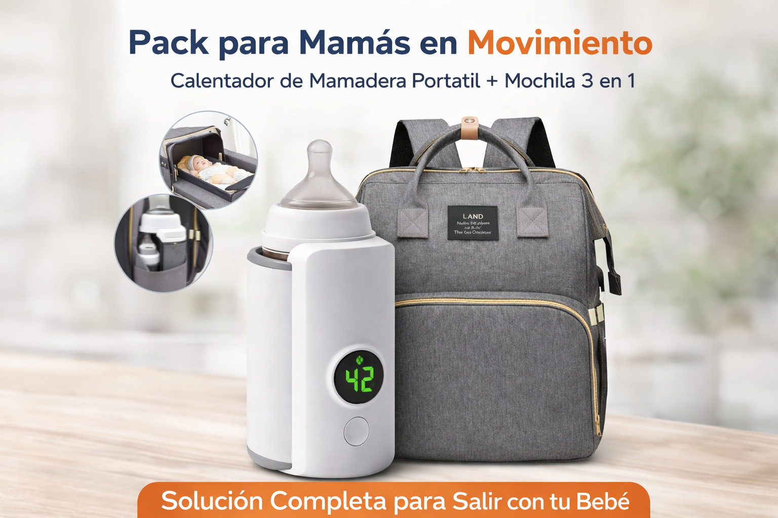El Pack Definitivo para Mamás en Movimiento - Calentador de Mamadera Portátil + Mochila Pañalera 3 en 1. Compra este pack y ahorra 25% en vez de comprarlos por separados.